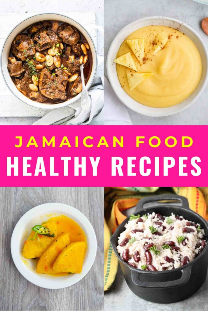 Collage of four plates of Jamaican food with pink bar and heading Jamaican food healthy recipes