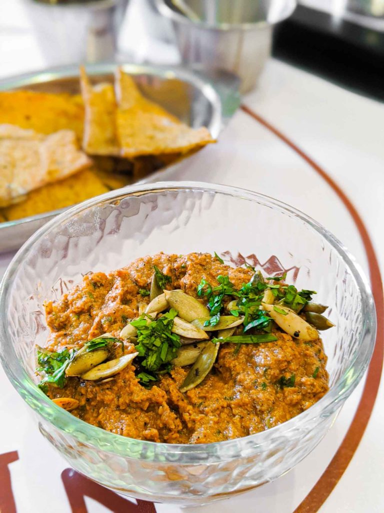 Mayan sikil paak, a pepitas and tomato dip in a restaurant in Merida