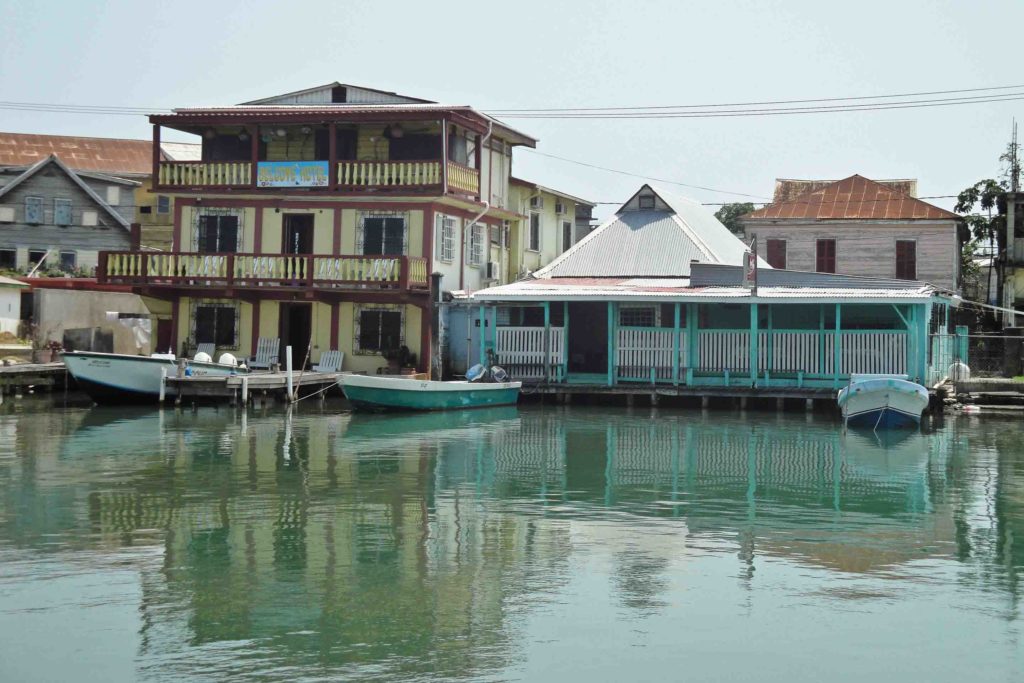 Belize City waterfront with restaurants and hotels