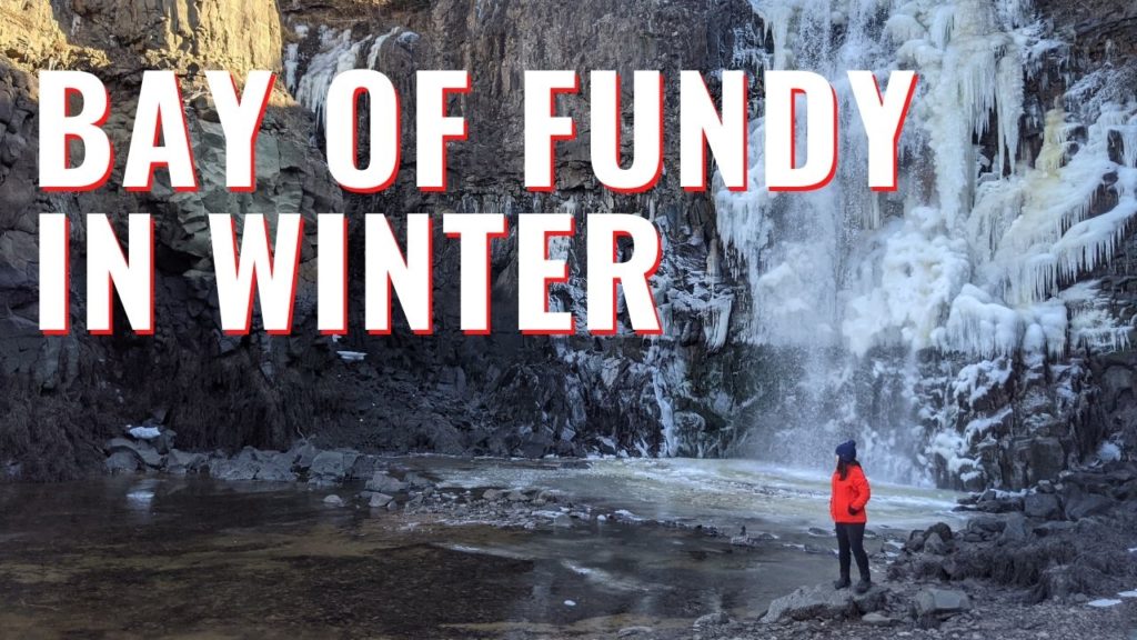 Baxters Harbour Waterfalls with text Bay of Fundy in Winter