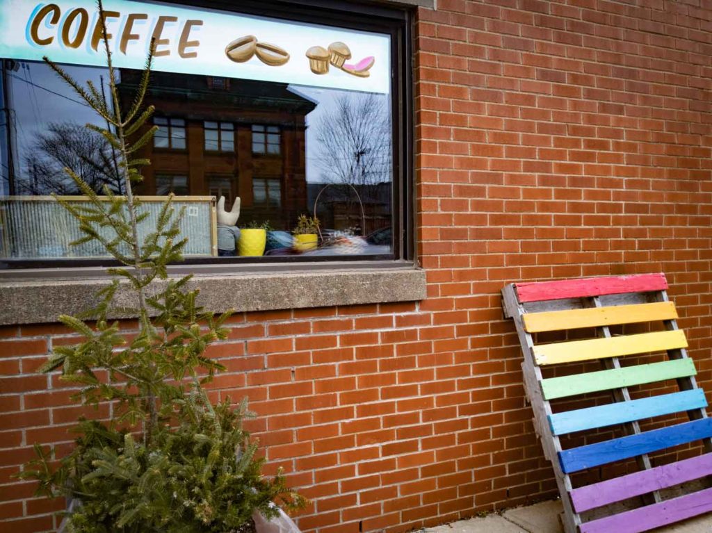 Rainbow pallet outside coffee shop