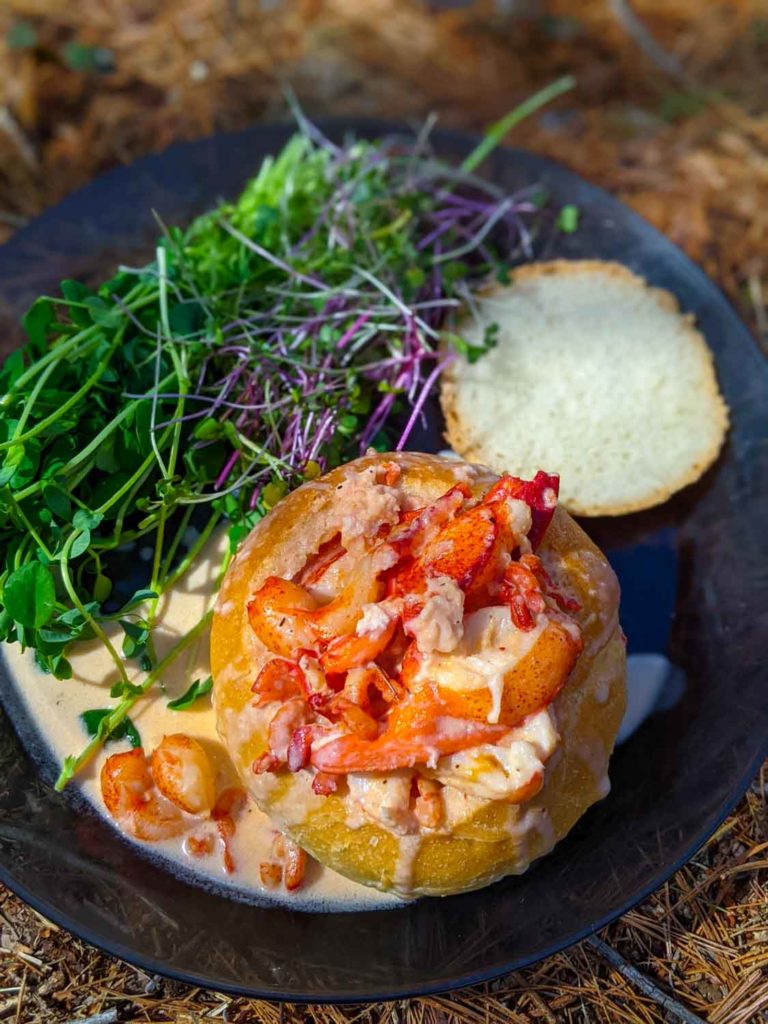 Creamed lobster in a bread bowl on a plastic plate with greens
