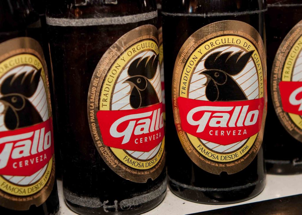 National drink of Guatemala, Gallo beer bottles on a shelf