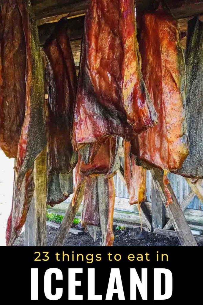 Fermented shark in Iceland hanging to dry with text 23 things to eat in Iceland