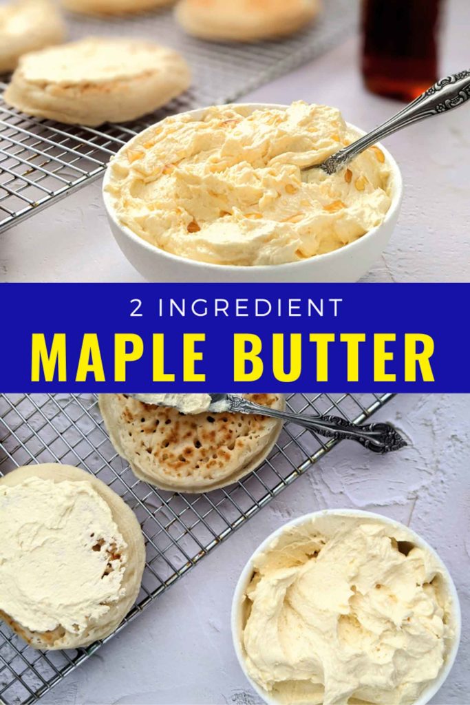 Whipped maple butter in a bowl on a table with crumpets.