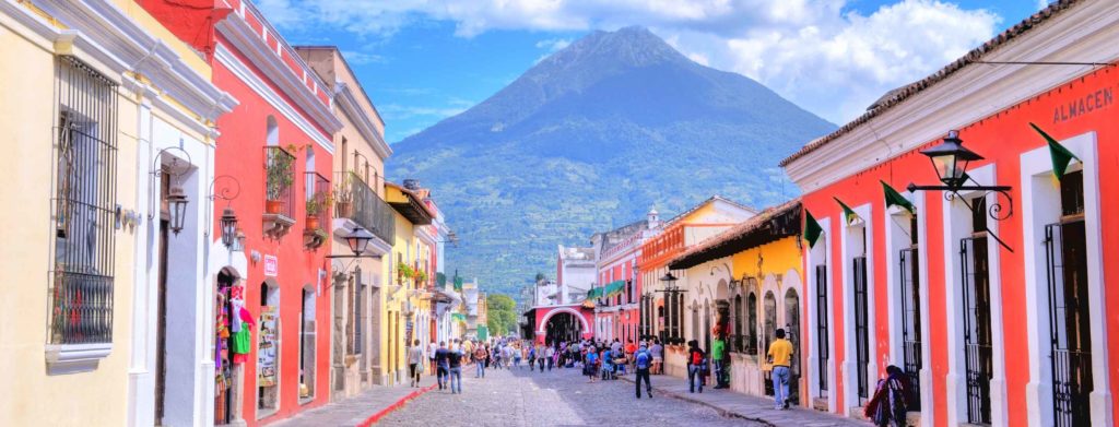 Street view of Antigua Guatemala on July 30 2015. The historic city Antigua is UNESCO World Heritage Site since 1979.
