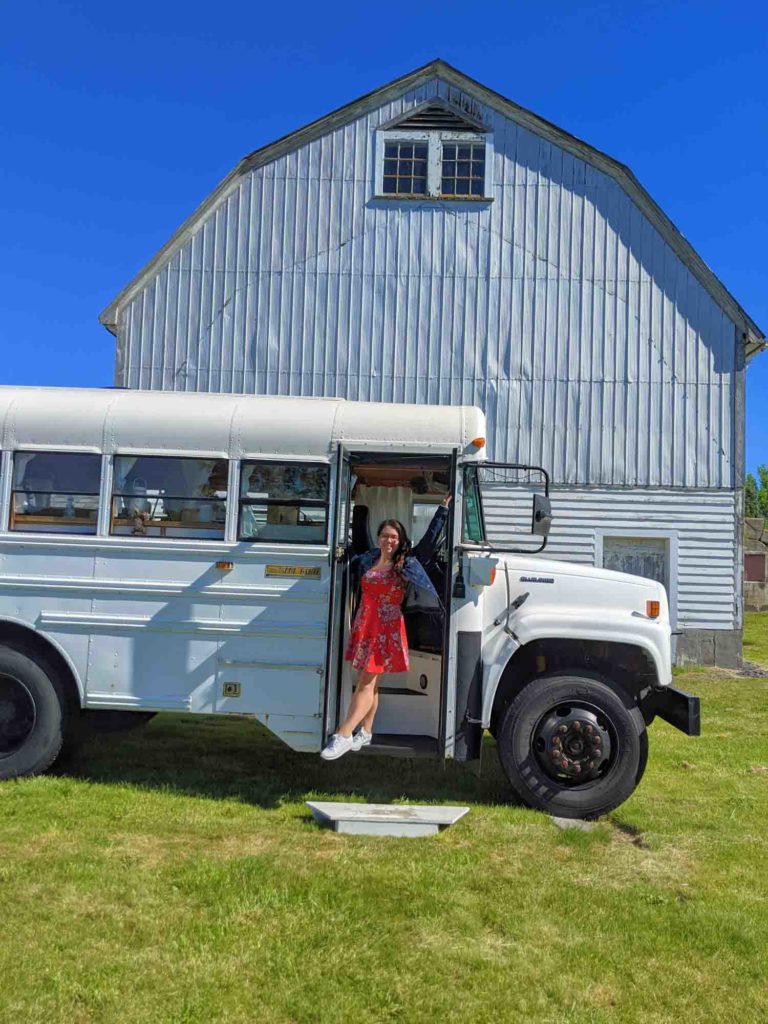 Ayngelina at an airbnb skoolie, renovated school bus