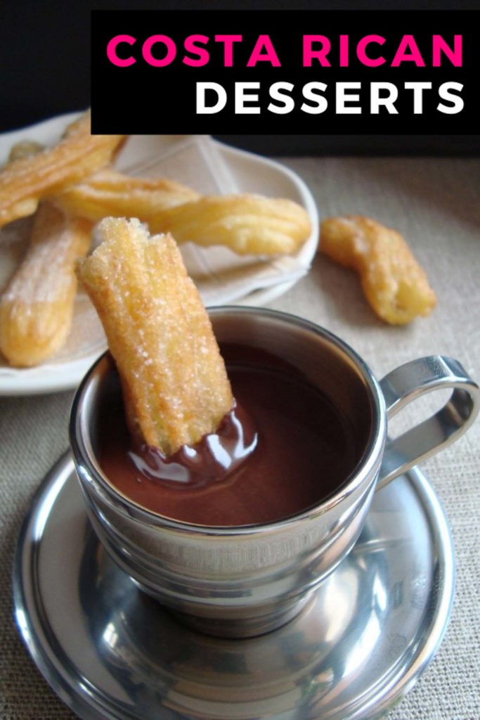 Costa Rican desserts pin with churros dipped in chocolate