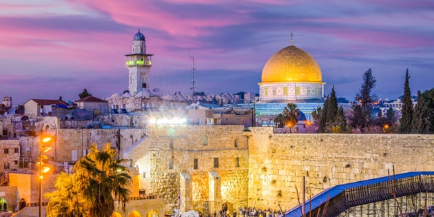 Skyline of the Old City at the Western Wall and Temple Mount in Jerusalem, Israel.