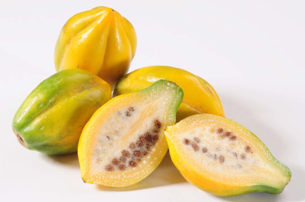 Fruits in Colombia, papayuela whole and cut open on a white background