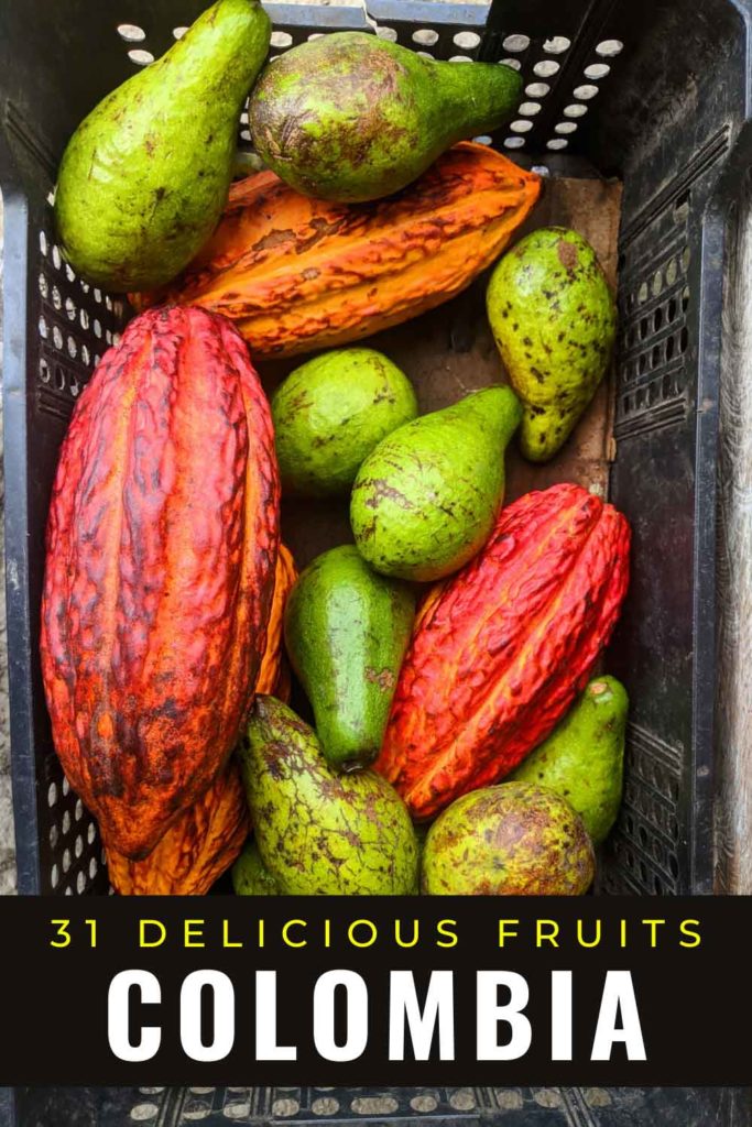 Colombian fruits in a box including cacao and avocado