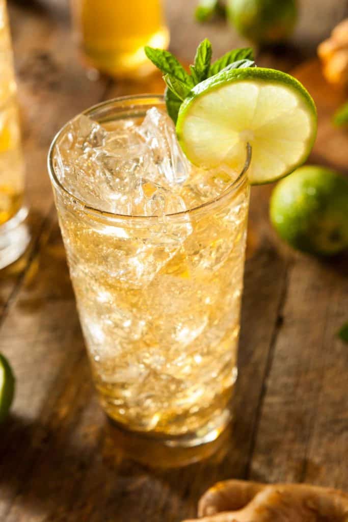 Peruvian Chilcano in a glass with ice garnished with lime and mint