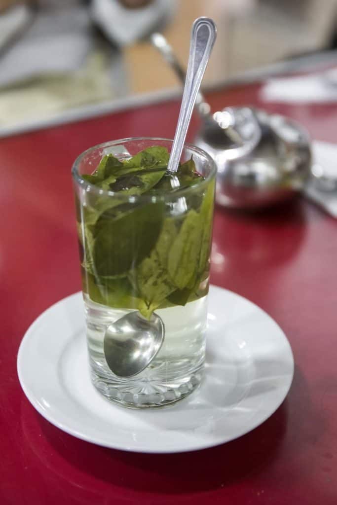 Coca tea in hot water in a clear glass