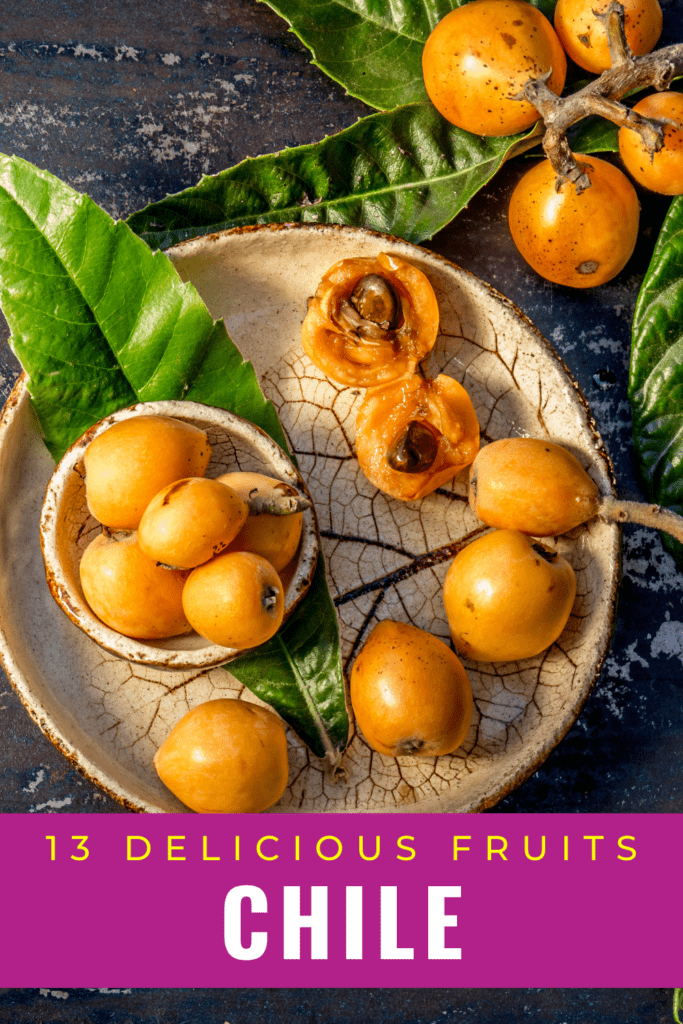 loquat or nispero on dark background in bowl with text 13 delicious fruits Chile