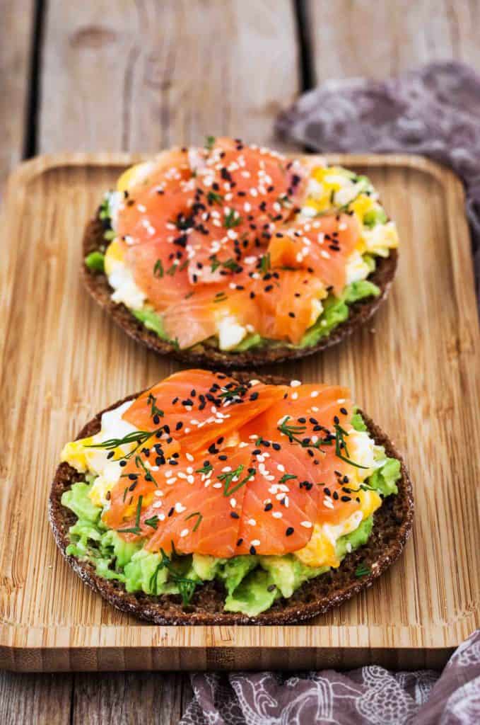 Smoked salmon, scrambled eggs and avocado rye crisp toast