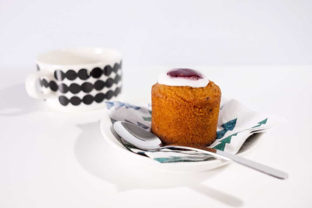 Runebergin torttu, famous Finnish Runeberg cake tart pastry made of almonds, rum and raspberry jam. The torte is named after the Finnish poet J. L. Runeberg who often enjoyed the torte for breakfast.