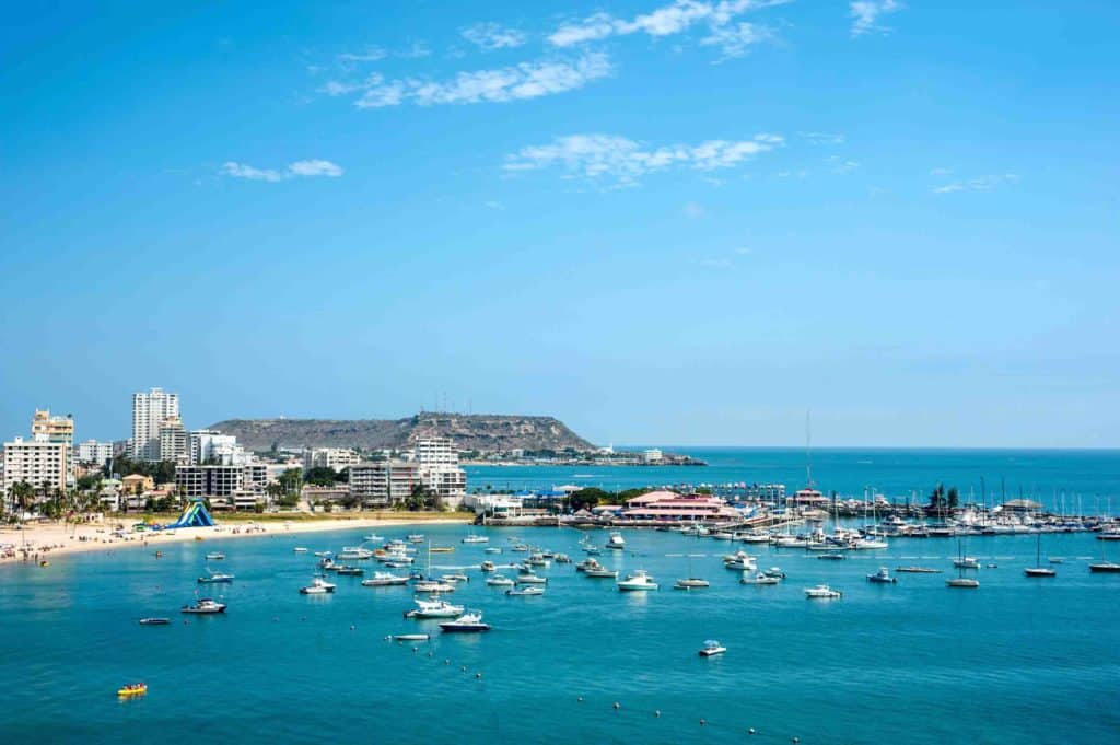 Salinas beach with apartment buildings and yacht club in Ecuador, Pacific Coast