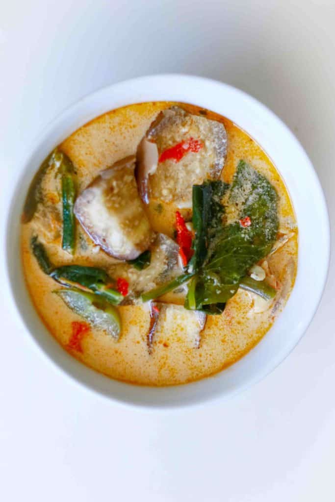 sayur lodeh in a white bowl on white table, Indonesian vegetarian soup in coconut milk