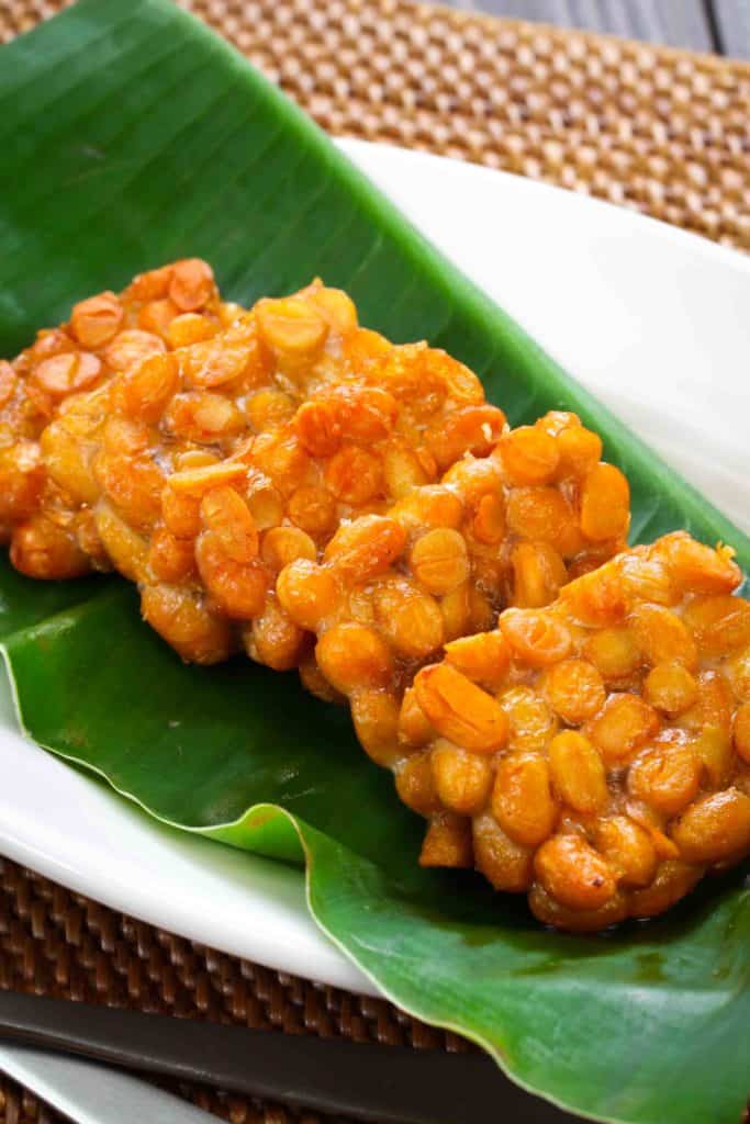 tempeh goreng in Indonesia on a banana leaf