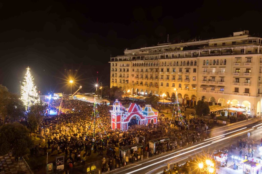 Thessaloniki, Crowd of people in Aristotle's square in Thessaloniki sees the Christmas tree during the Christmas Period. Long exposure shot