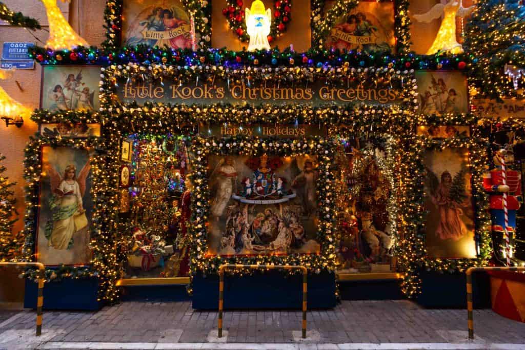 Little Kook, a famous patisserie with Christmas decoration in Psirri neighbourhood in central Athens.