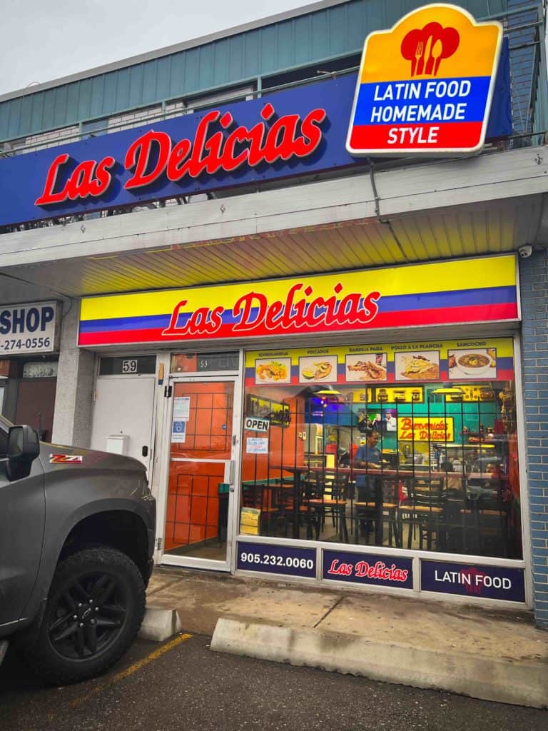 Exterior of Las Delicias Colombian restaurant in Mississauga