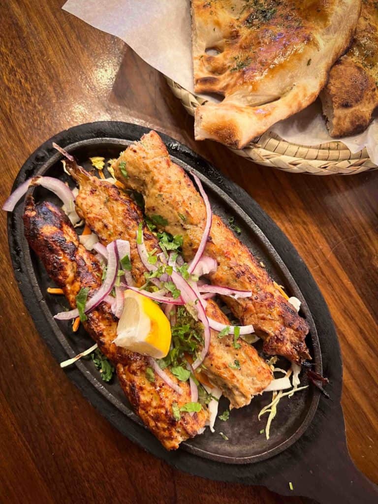 Zauq Mississauga Reshmi kebab on wooden table