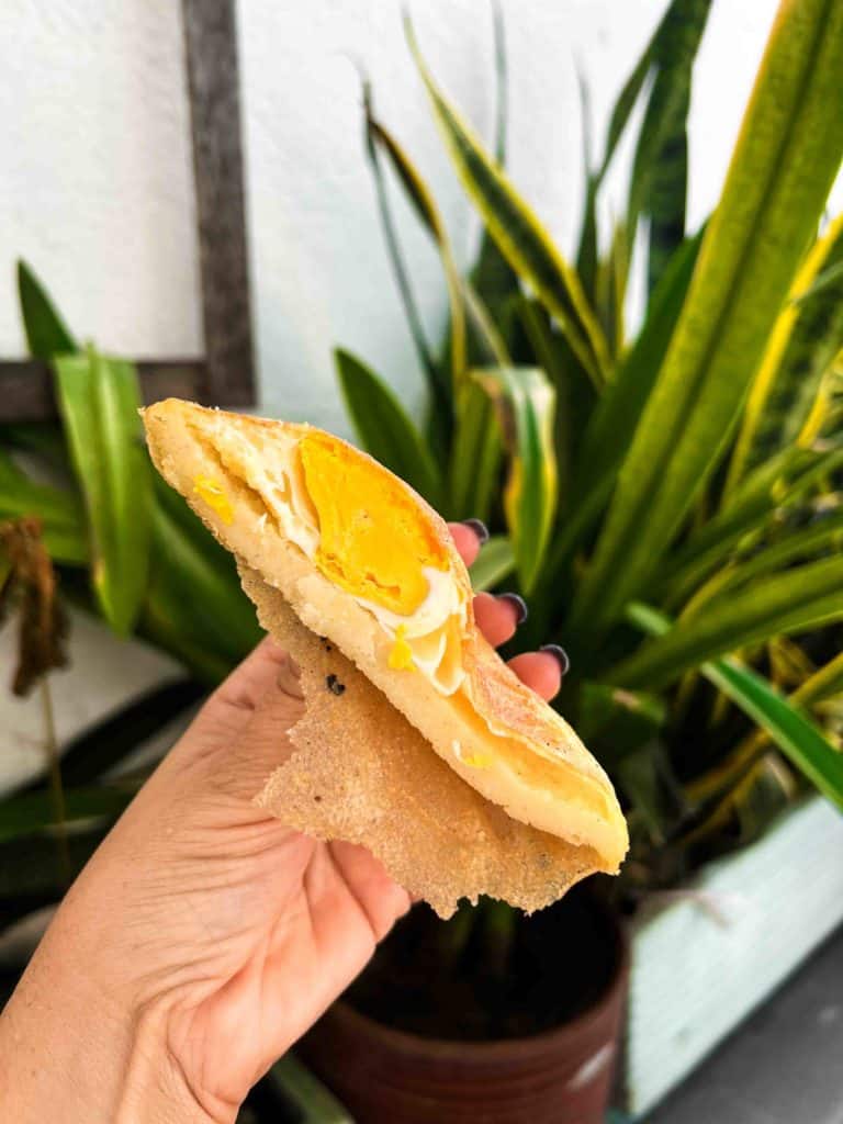 arepa de huevo in woman's hand with plants in background