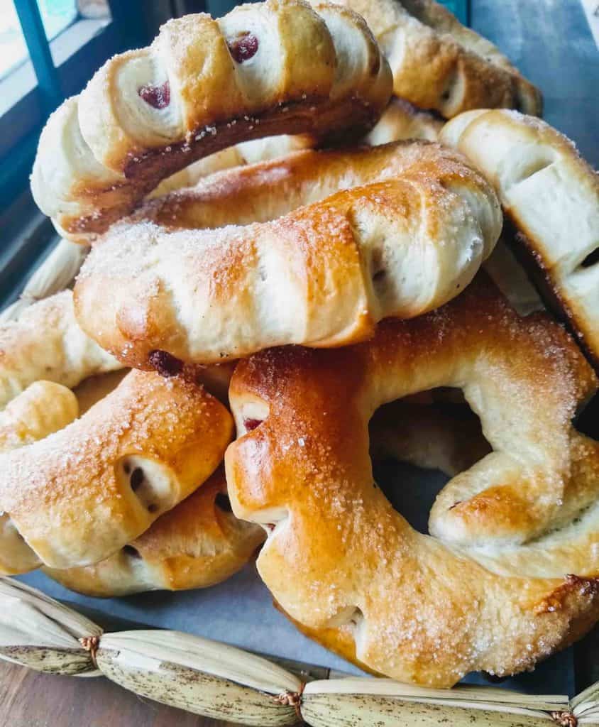 Sweet bread roscon, a Colombian ring bread filled with guava