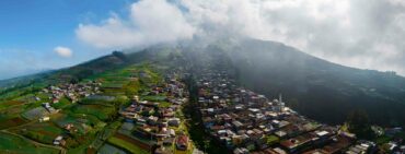 Aerial View panorama of colorful stack building houses in Nepal van Java village and Mount Sumbing, Java, Indonesia