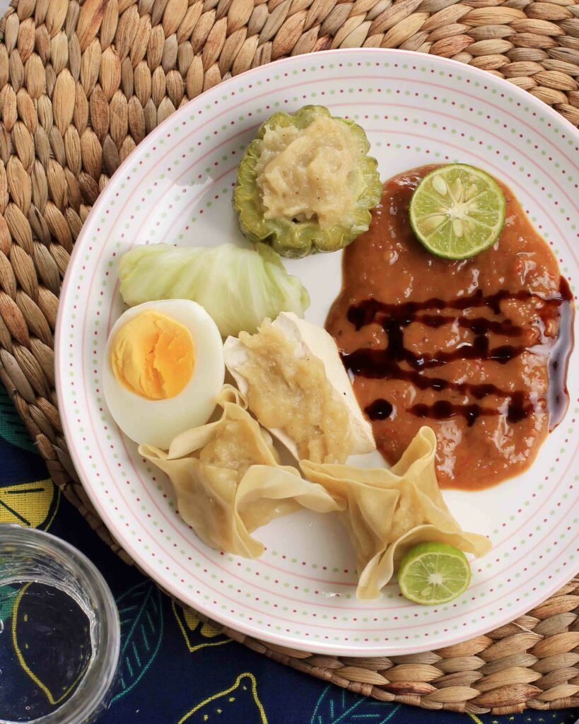 Homemade Siomay Bandung Served with Bumbu Kacang Peanut Sauce and Sweet Soy Sauce