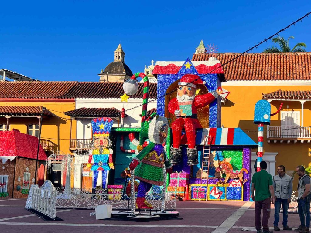 Santa Claus and other decorations in a square in Cartagena Colombia for Christmas Celebrations