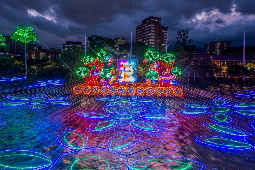 Colombian Christmas in Medellin tradition of elaborate lights known as Alumbrados Navideños