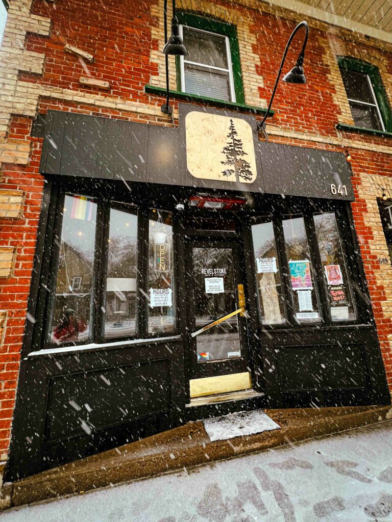 Revelstoke vegan restaurant in Peterborough Canada, exterior during winter storm
