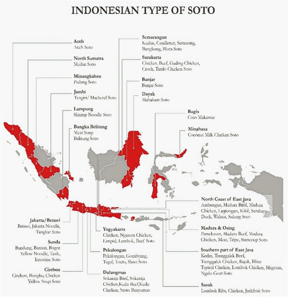 Map of Indonesia national dish soto variations across the country