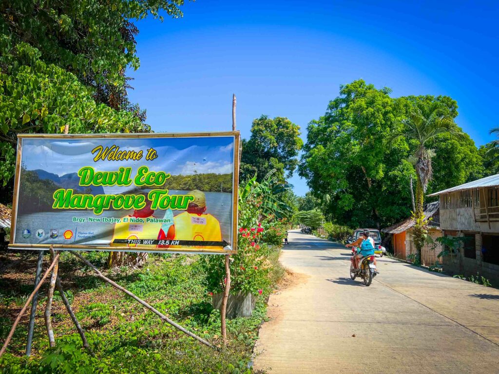 Road View with sign Welcome to Devil Eco Mangrove Tour Sibaltan El Nido Palawan Philippines