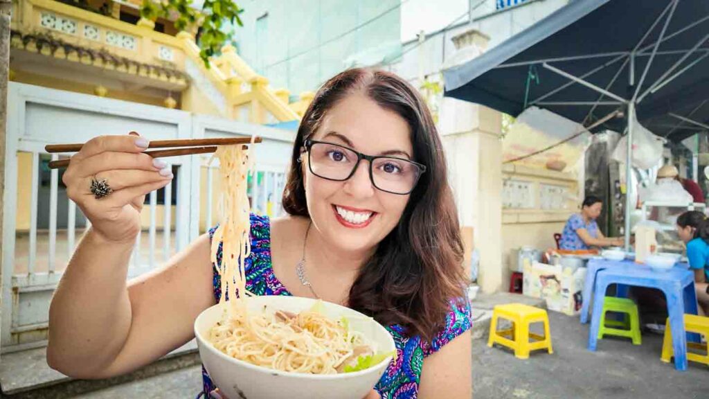 Ayngelina eating bun mam nem in Da Nang Vietnam noodles from this area