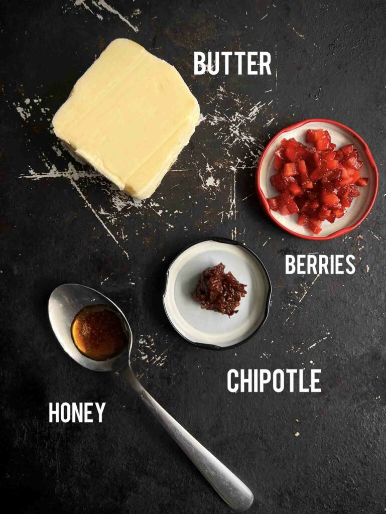 ingredients for spicy strawberry chipotle butter: butter, honey, chipotle, strawberries and butter
