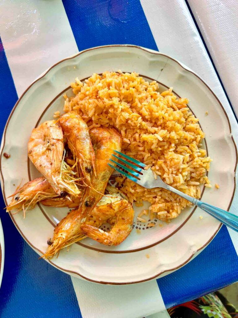 Garlic Shrimp on blue and white striped table typical Puerto Escondido food