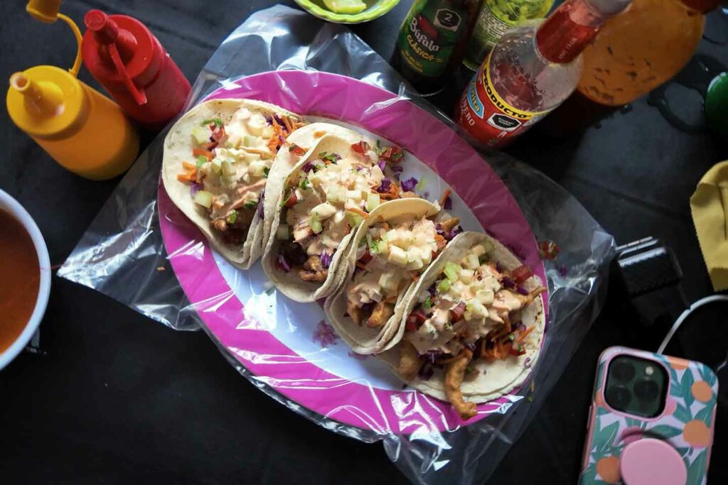 The best shrimp tacos on a table at Paco Tacos Puerto Econdido