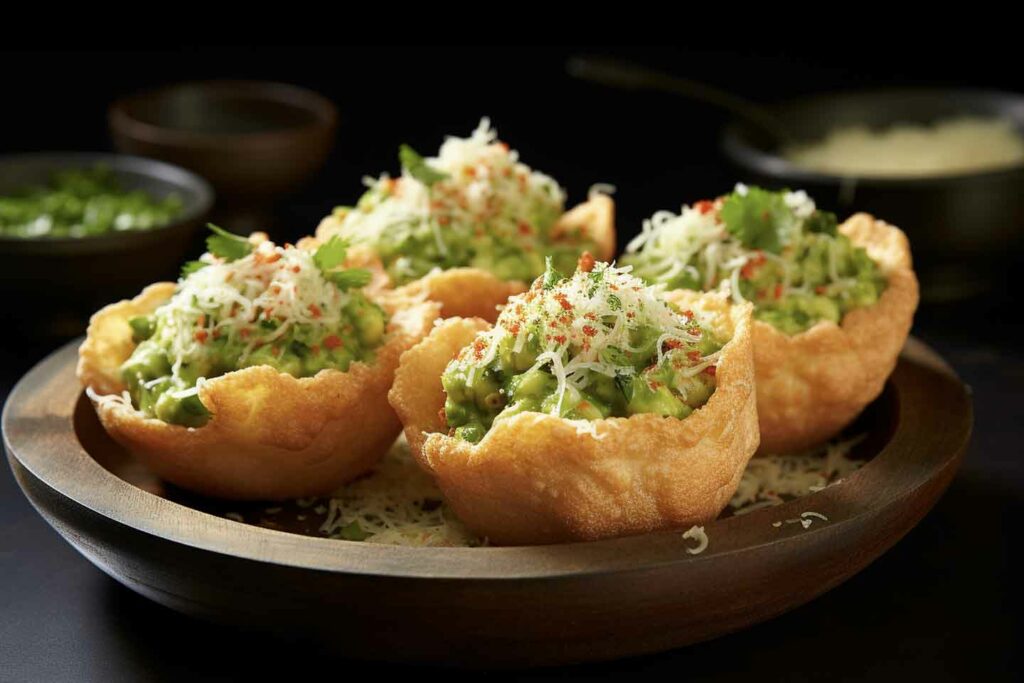 sev puri mumbai food on a wooden plate and dark background