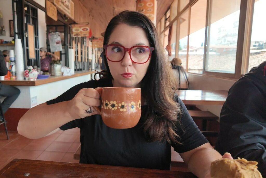 Ayngelina drinking Cafe de Olla in Mazmitla Jalisco