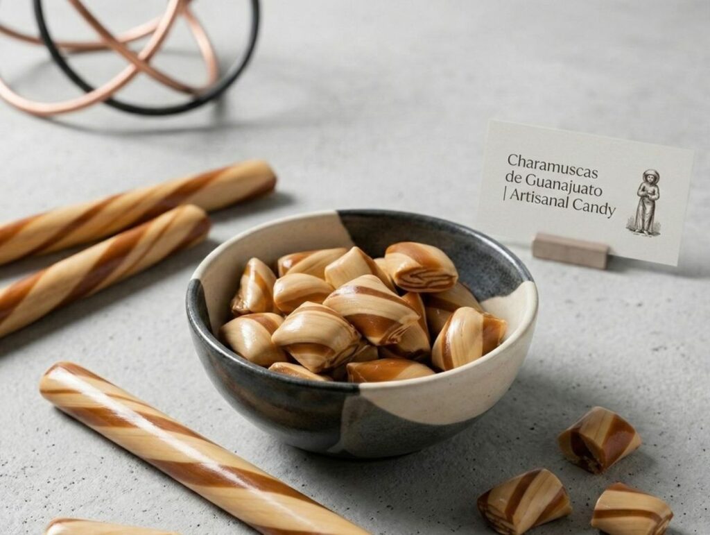 Charamuscas traditional guanajuato sweet made with piloncillo and milk made into candies on a modern grey background