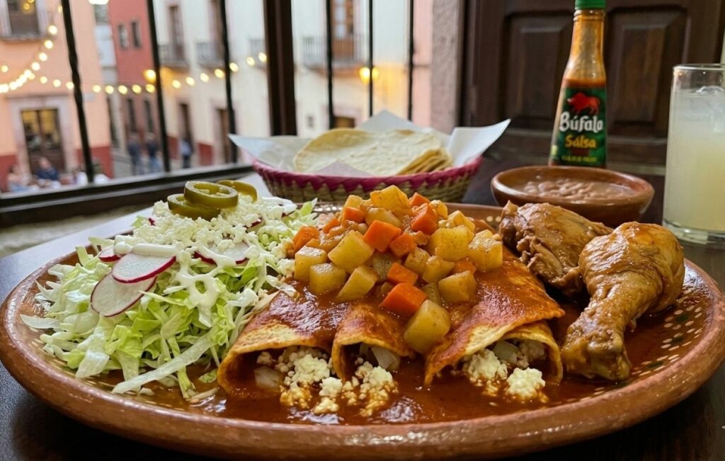 Enchiladas Mineras the most famous food in Guanajuato Mexico on a terracotta plate in a local restaurant