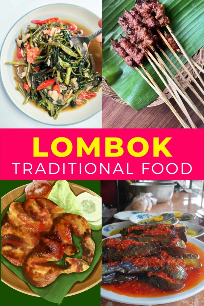 Collage of traditional food in Lombok, kachang, bebalung, sate rembiga