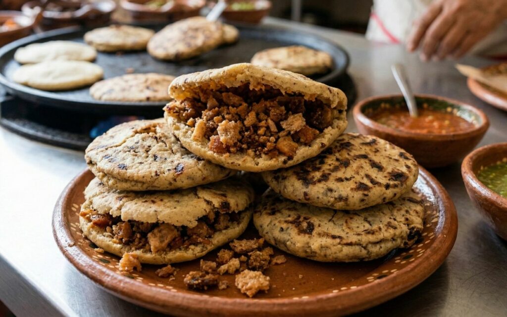 gorditas de migajas stacked on a  terracotta plate