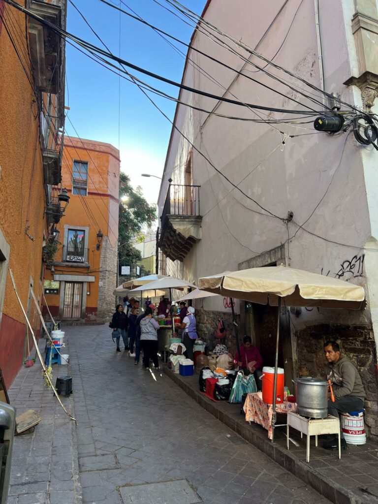 Street scene in the morning of local food vendors in Guanajuato