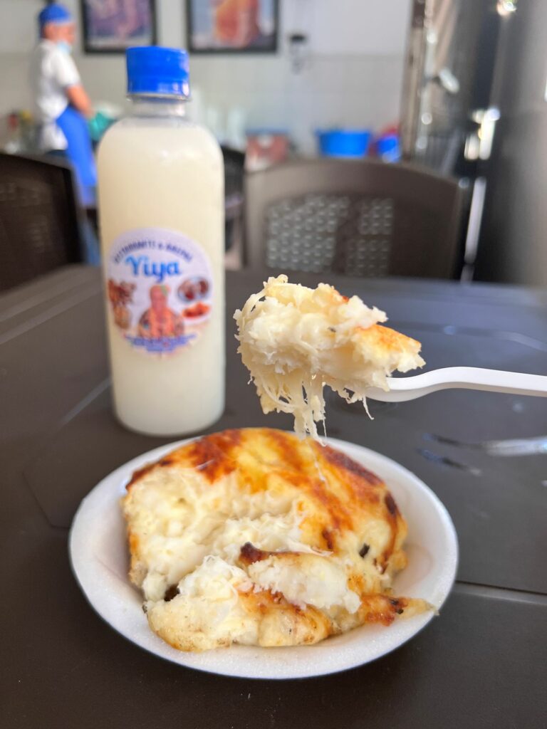 arepas de yiya and corn water in Santa Marta restaurant, Colombia