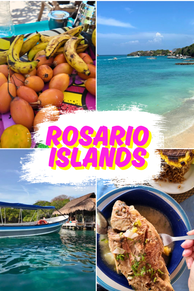 photo collage of the Rosario Islands in Cartgena with various beach and food photos