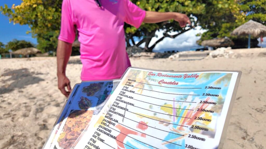Drink menu prices at Playa Ancon beach in Trinidad Cuba, most cocktails $2.50 USD or Euro